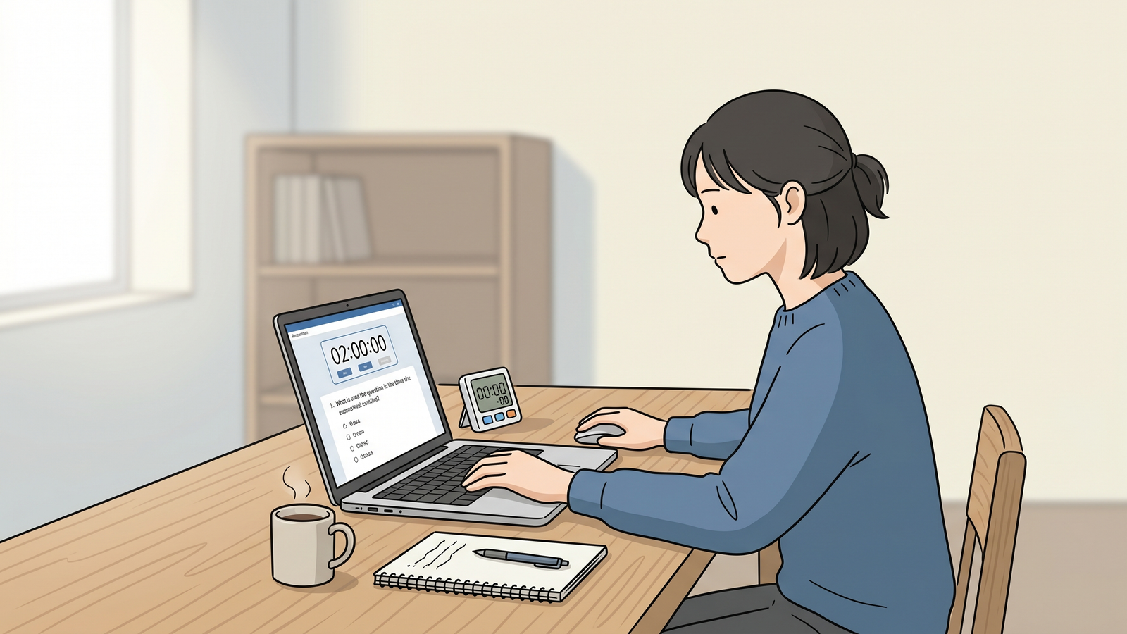 A focused student sitting at a desk taking a full-length mock test on a laptop.