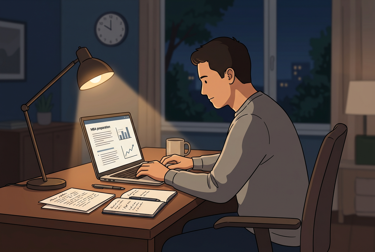 A working professional sitting at a home desk late at night, studying on a laptop.