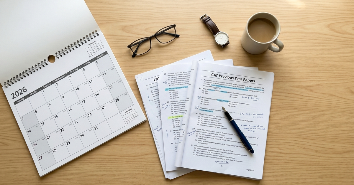 Top-down view of a study desk with exam papers and a calendar