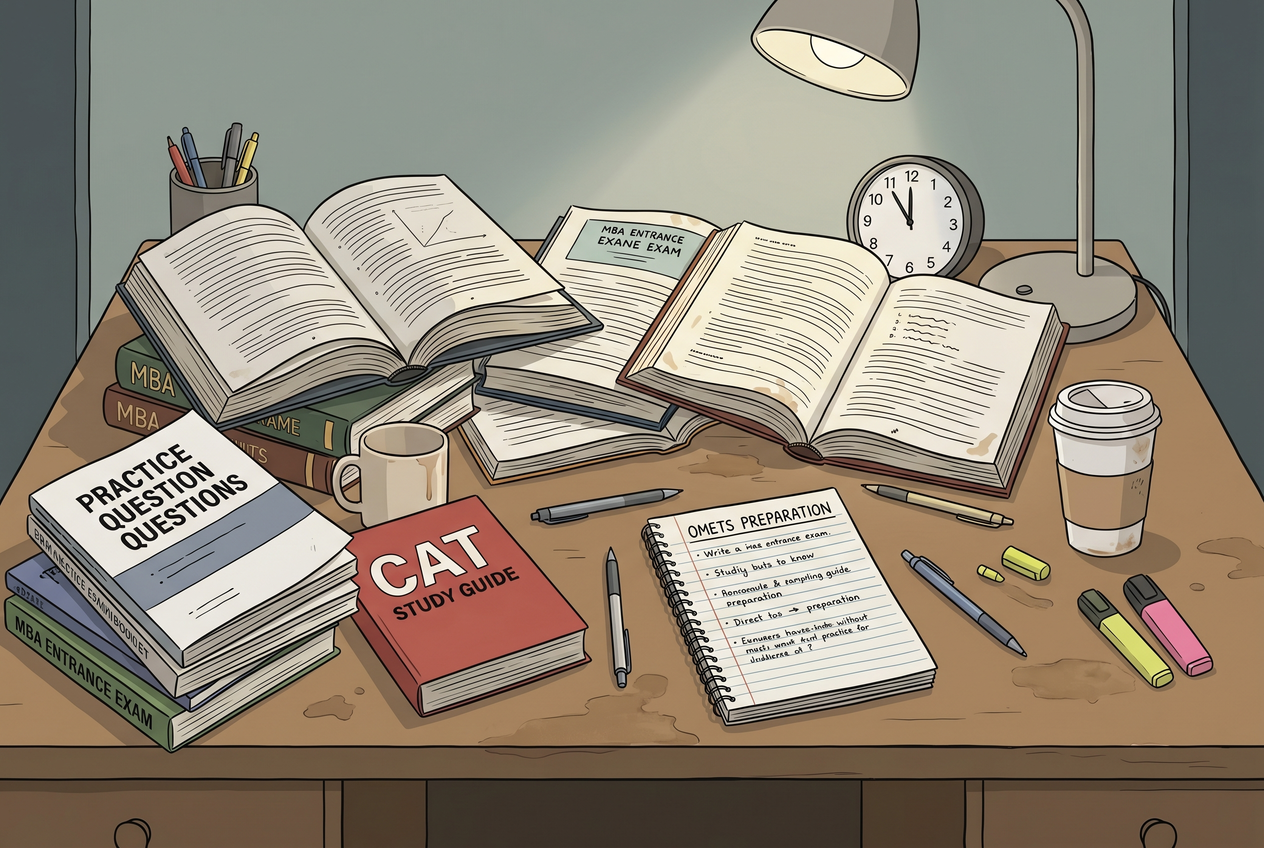 A messy desk with too many textbooks and empty coffee cups.
