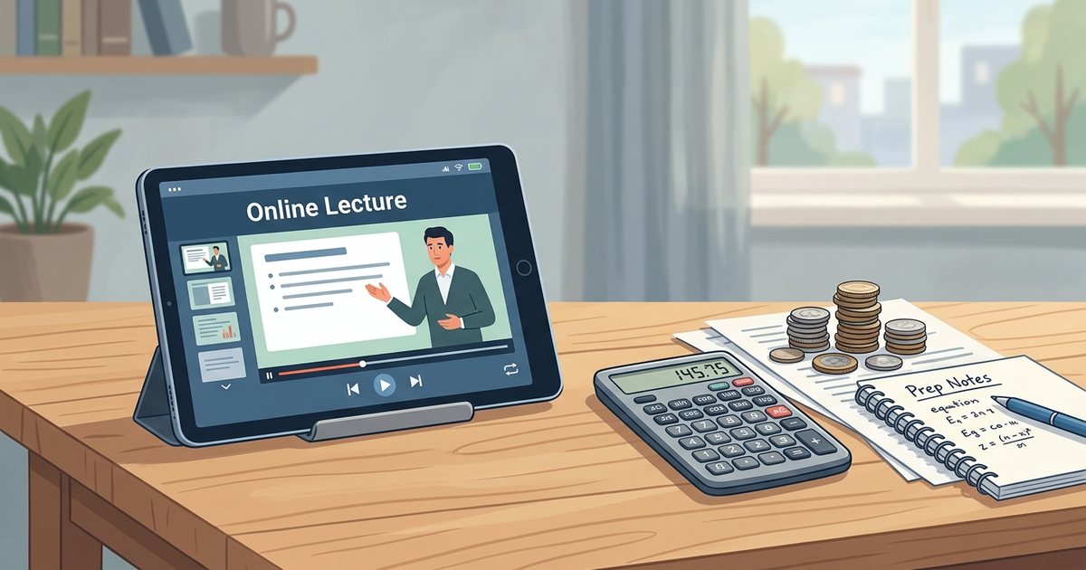 A tablet displaying a video lecture next to a calculator and a small stack of coins.