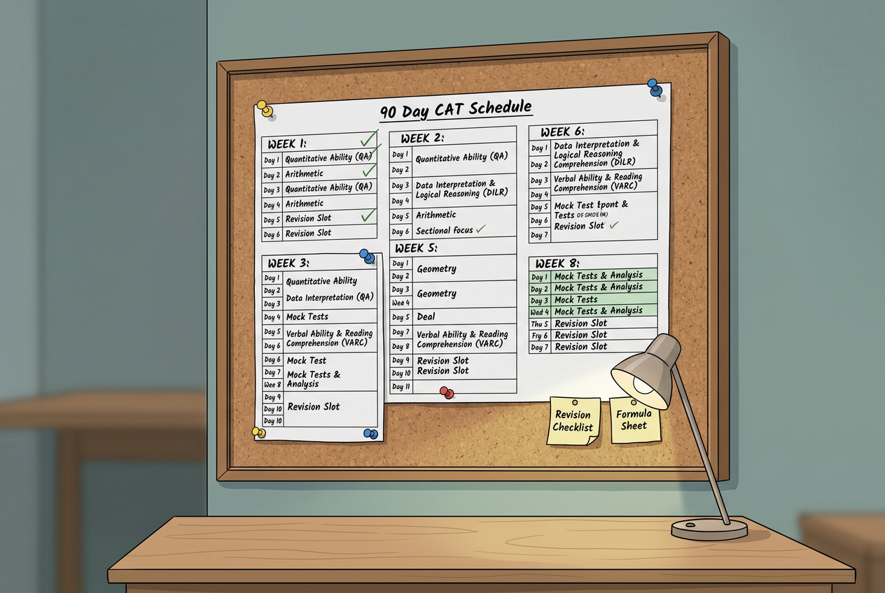 A structured study schedule pinned to a corkboard.